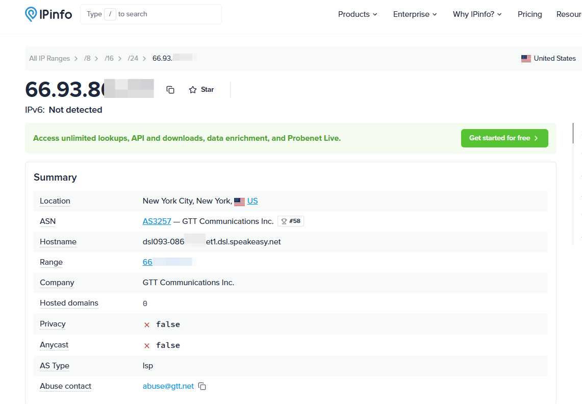 IPinfo result example — showing proxy IP location