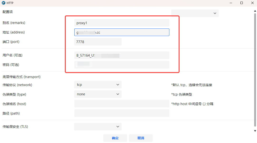 v2rayN proxy parameters — address / port / credentials