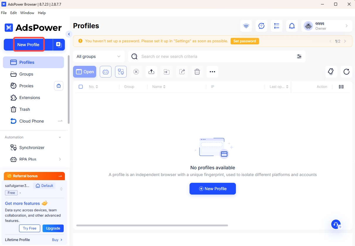 Create a new browser profile in AdsPower