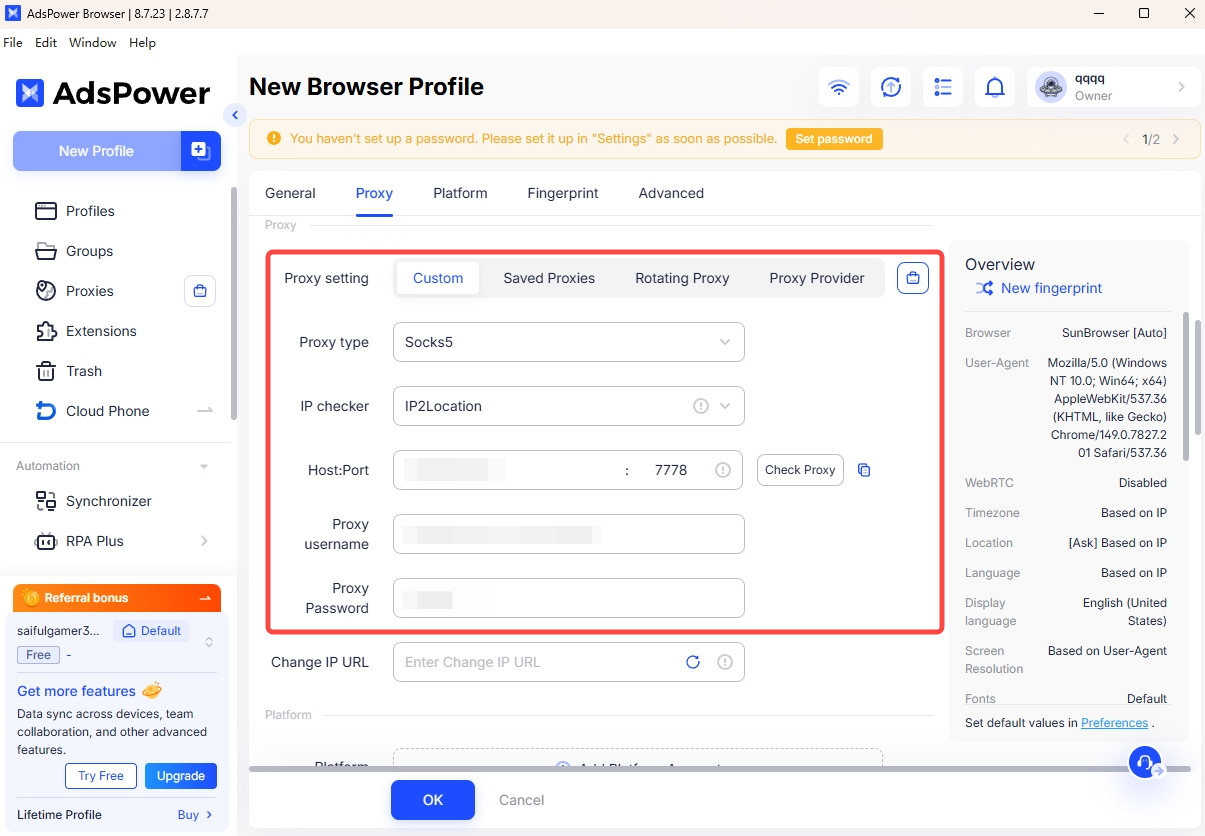 Enter IPWeb proxy details in AdsPower
