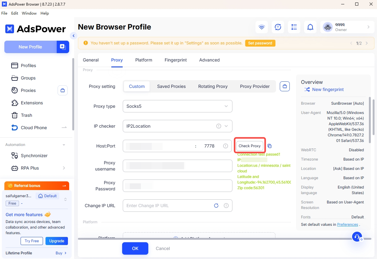 Check the proxy connection in AdsPower