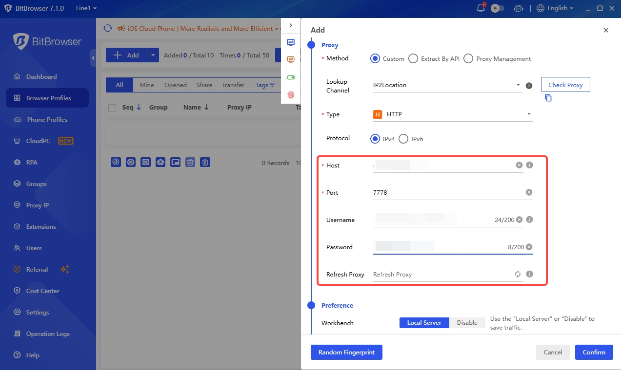 Enter IPWeb proxy details in BitBrowser