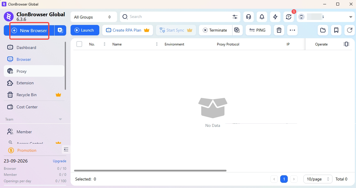 Create a new browser profile in ClonBrowser