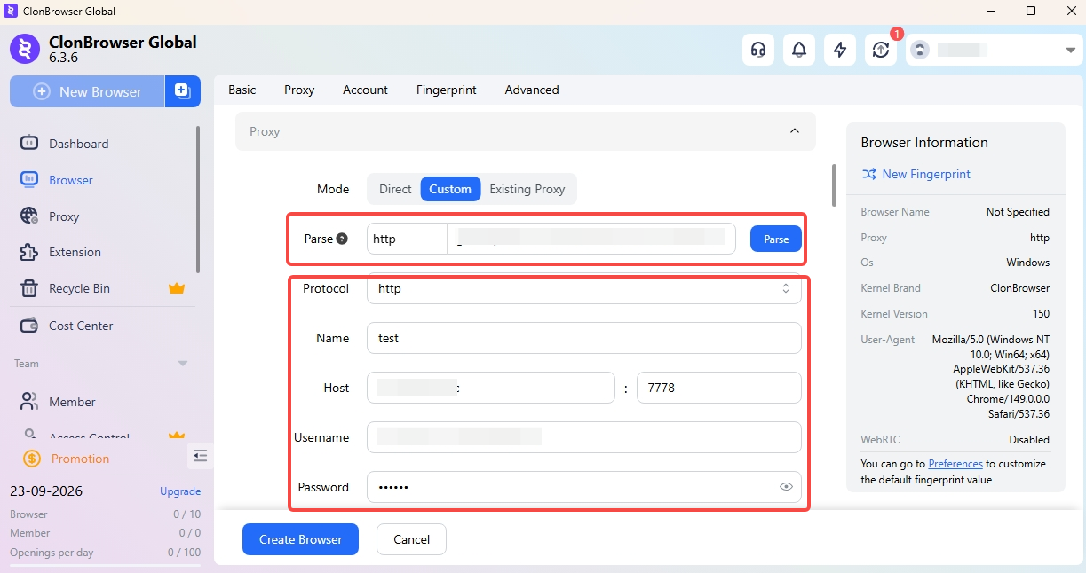 Enter IPWeb proxy details in ClonBrowser