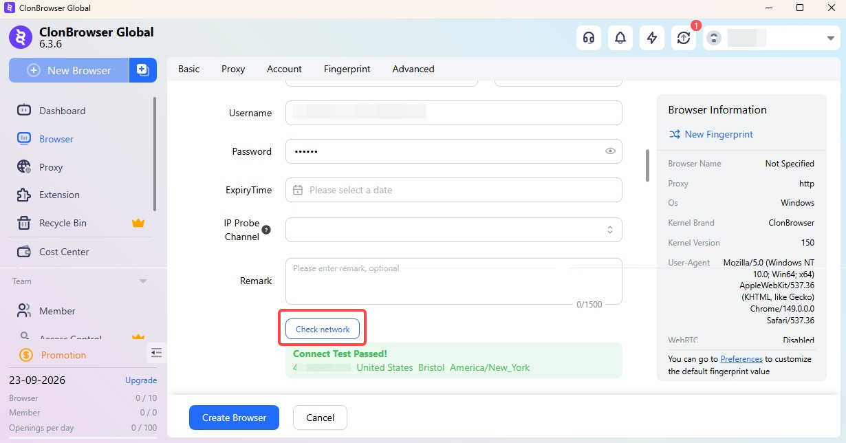 Check the IPWeb proxy connection in ClonBrowser