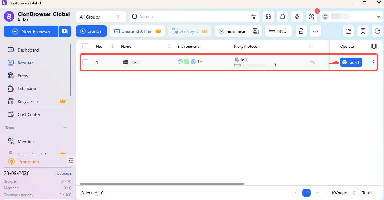 Launch the browser profile in ClonBrowser
