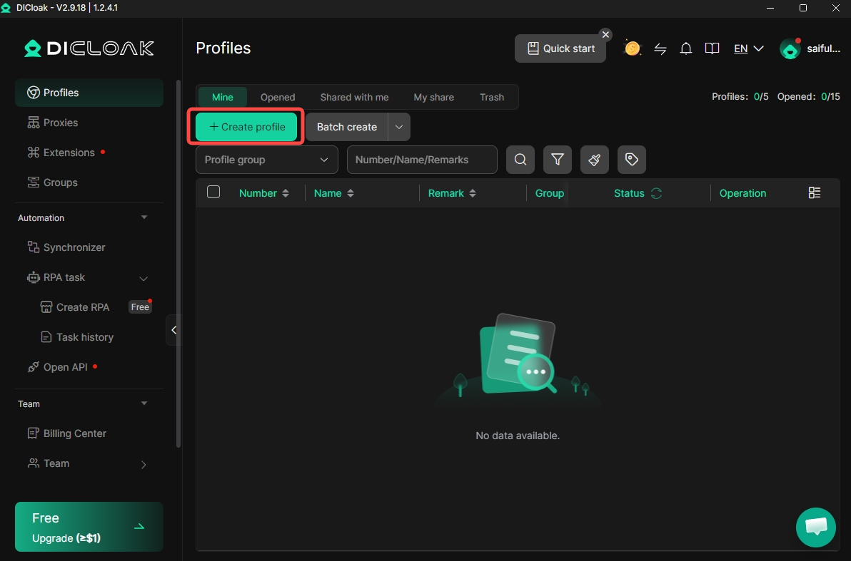 Create a browser profile in DICloak