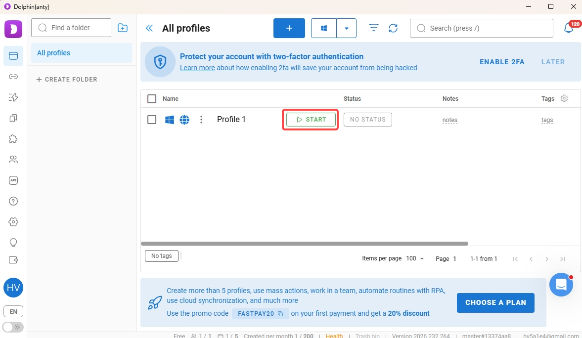 Create and launch the browser profile in Dolphin Anty