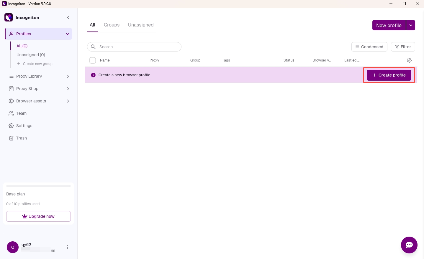 Create a new browser profile in Incogniton