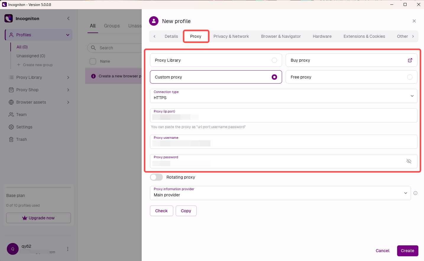 Enter IPWeb proxy details in Incogniton