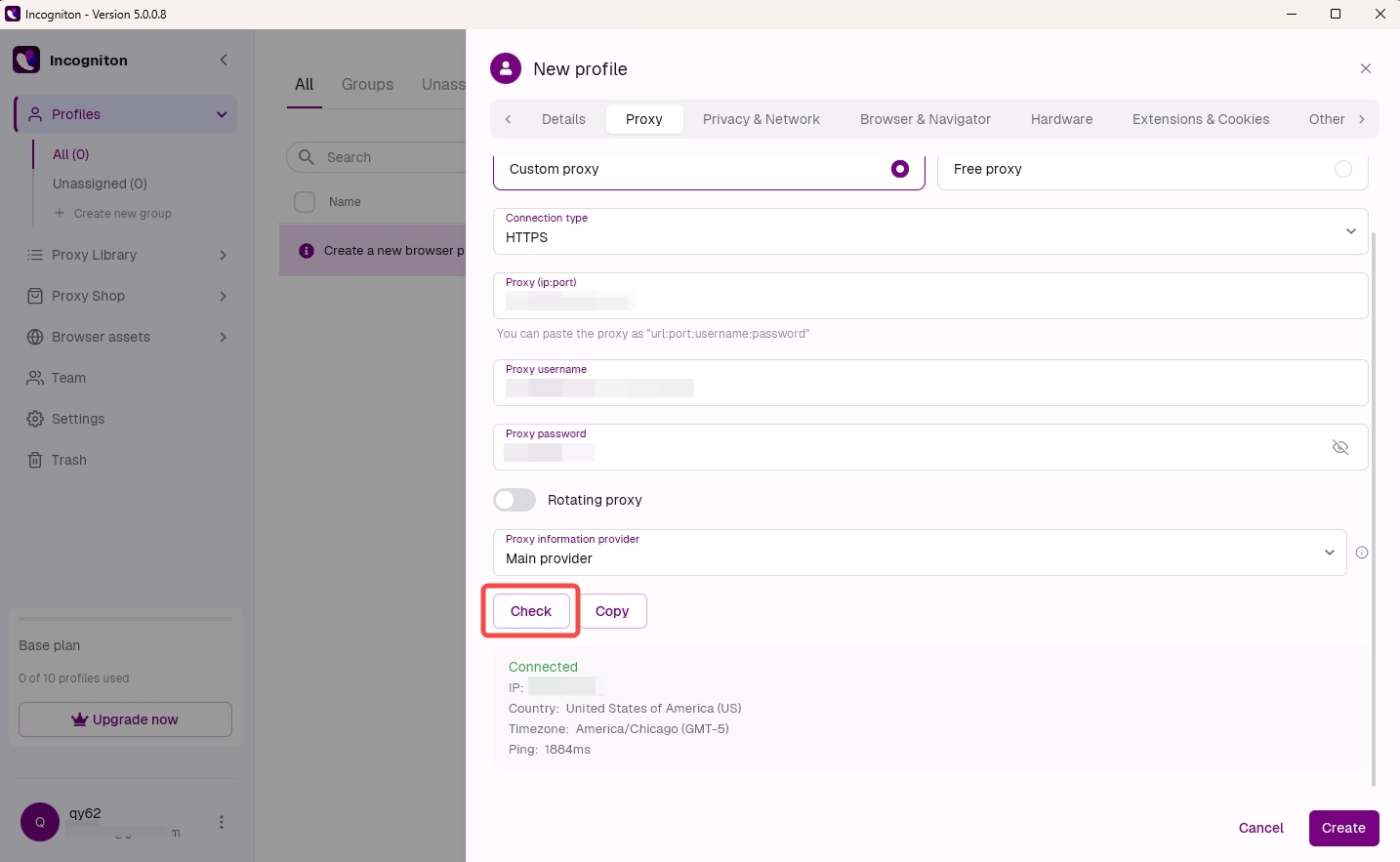 Check the IPWeb proxy connection in Incogniton