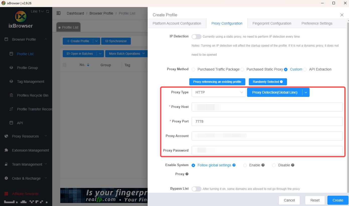 Enter IPWeb proxy details in ixBrowser