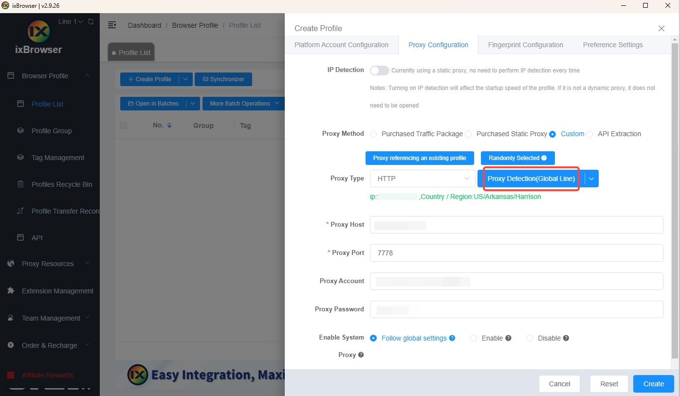 Check the IPWeb proxy connection in ixBrowser