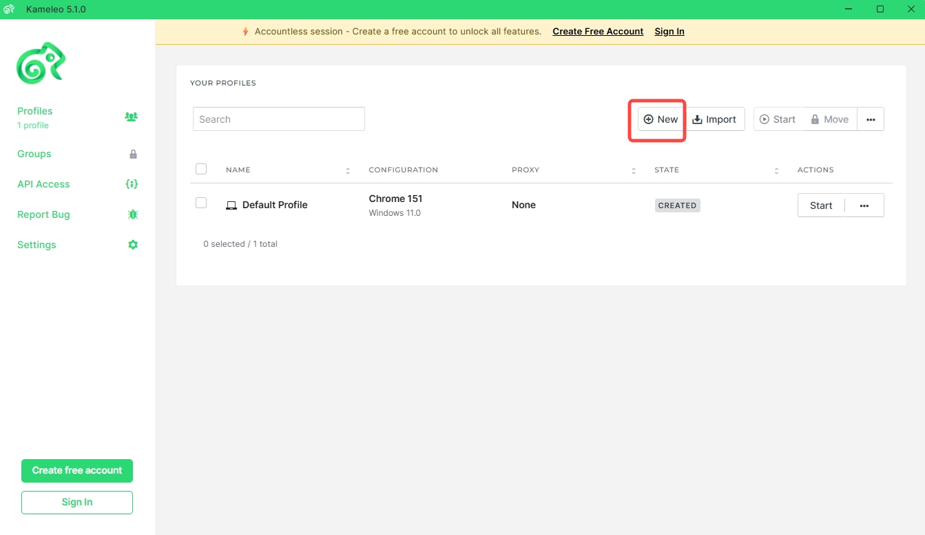Create a new browser profile in Kameleo