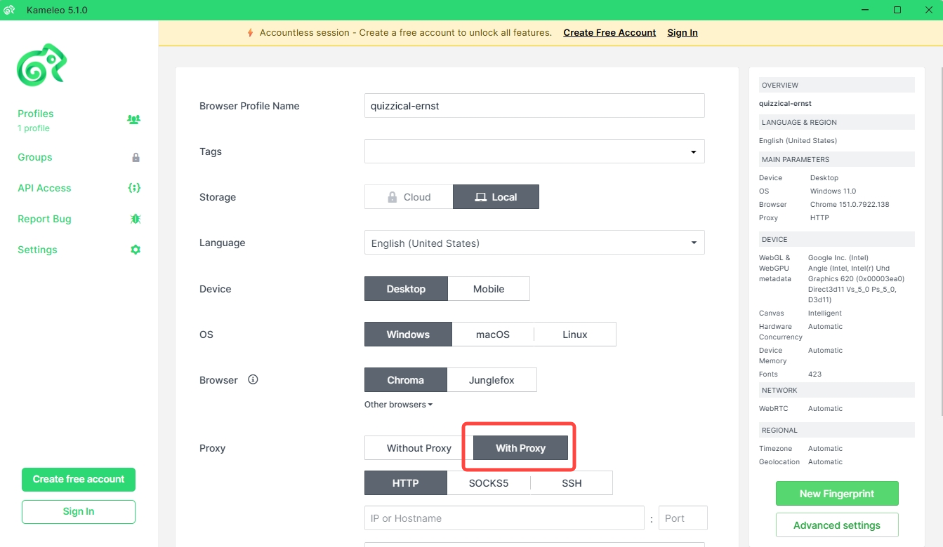 Enable the proxy in Kameleo