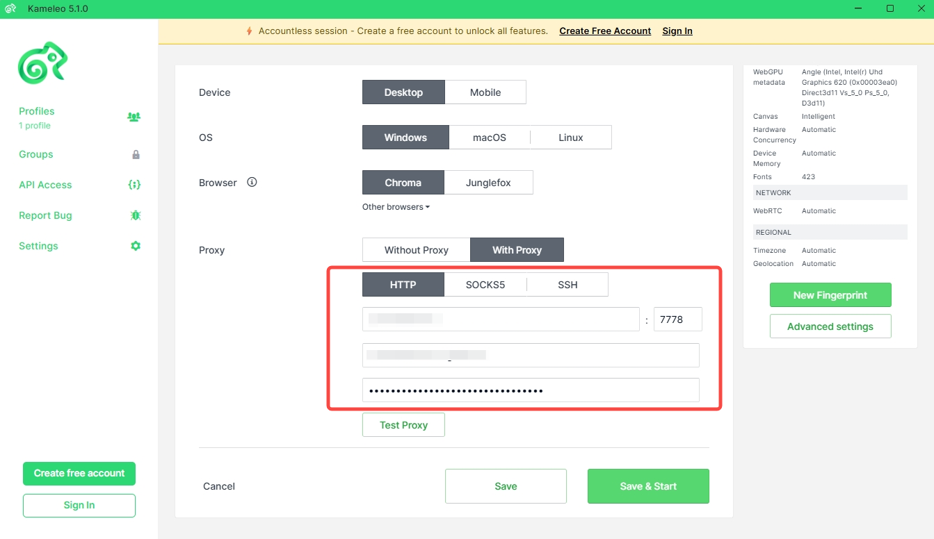 Enter IPWeb proxy details in Kameleo