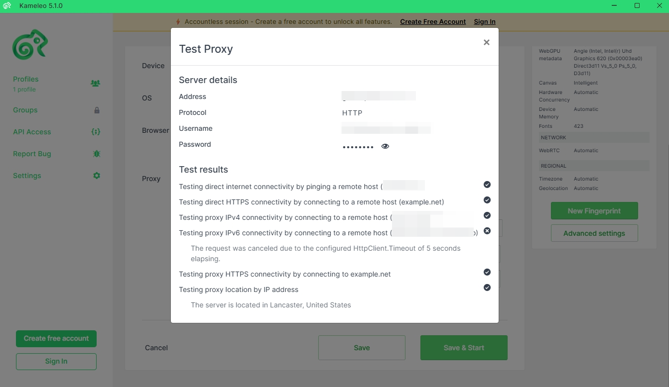 Test the proxy connection in Kameleo