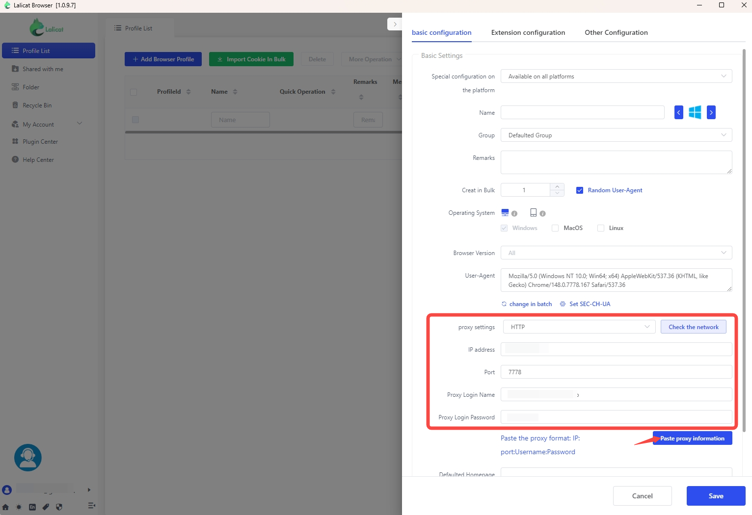 Enter IPWeb proxy details in Lalicat