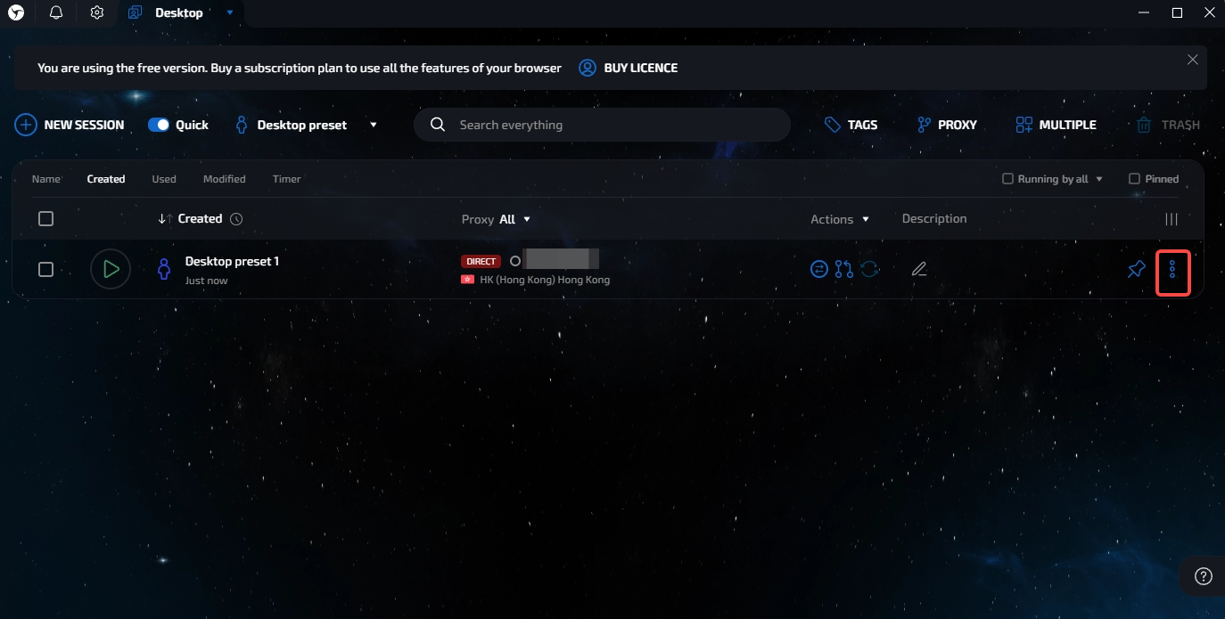 Open the session menu in Linken Sphere