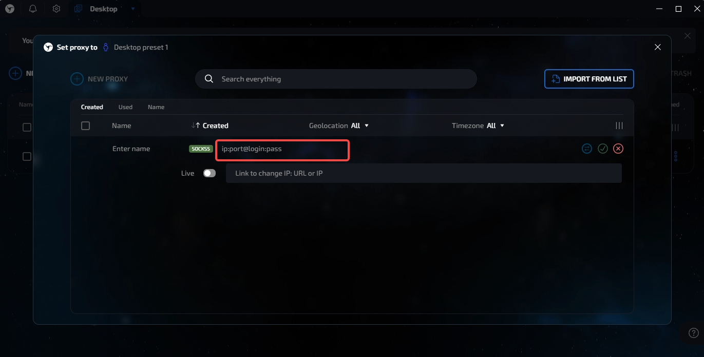 Enter IPWeb proxy details in Linken Sphere