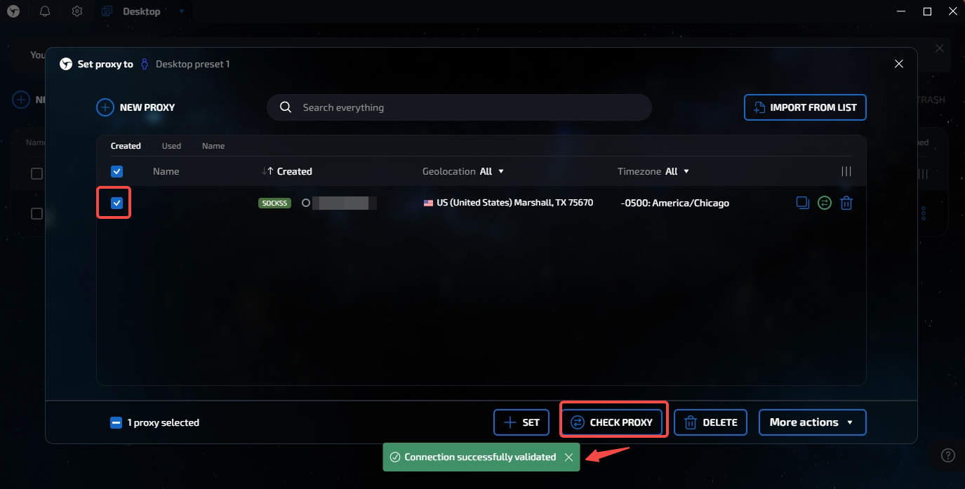Check the IPWeb proxy connection in Linken Sphere