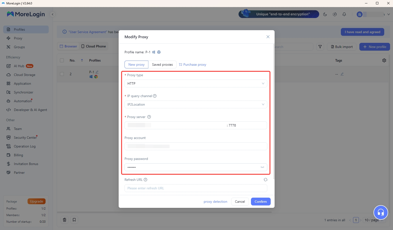 Enter IPWeb proxy details in MoreLogin