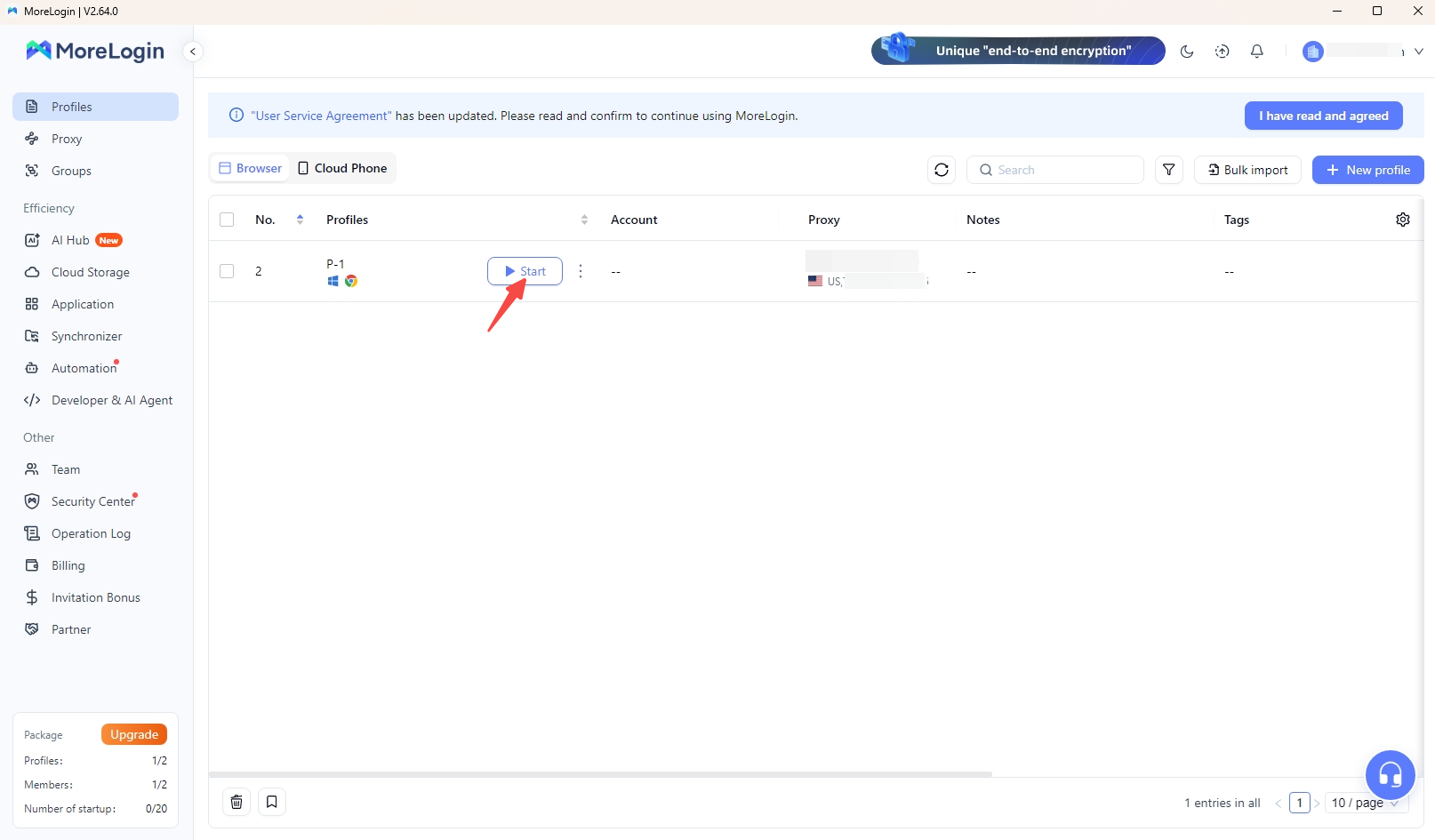 MoreLogin profile list after saving the proxy