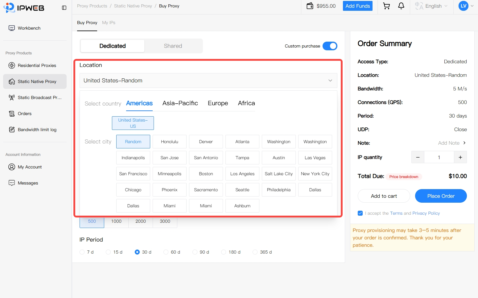 IPWeb Location selector for a Dedicated Static Native Proxy, showing the Americas region, United States, and available city options including Random.