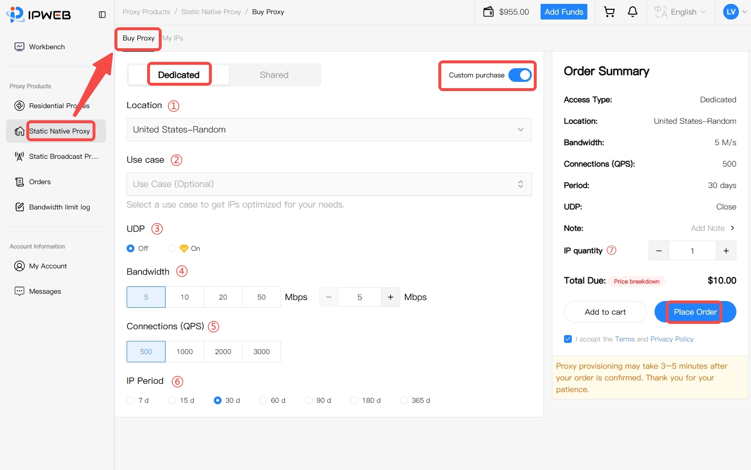 IPWeb Static Native Proxy Buy Proxy page with Dedicated selected and Custom purchase enabled, highlighting Location, Use case, UDP, Bandwidth, Connections (QPS), IP Period, IP quantity, and Place Order.