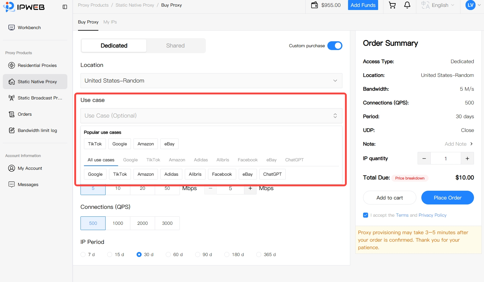 IPWeb Use case selector for a Static Native Proxy, showing popular and available use cases such as TikTok, Google, Amazon, eBay, Facebook, and ChatGPT.