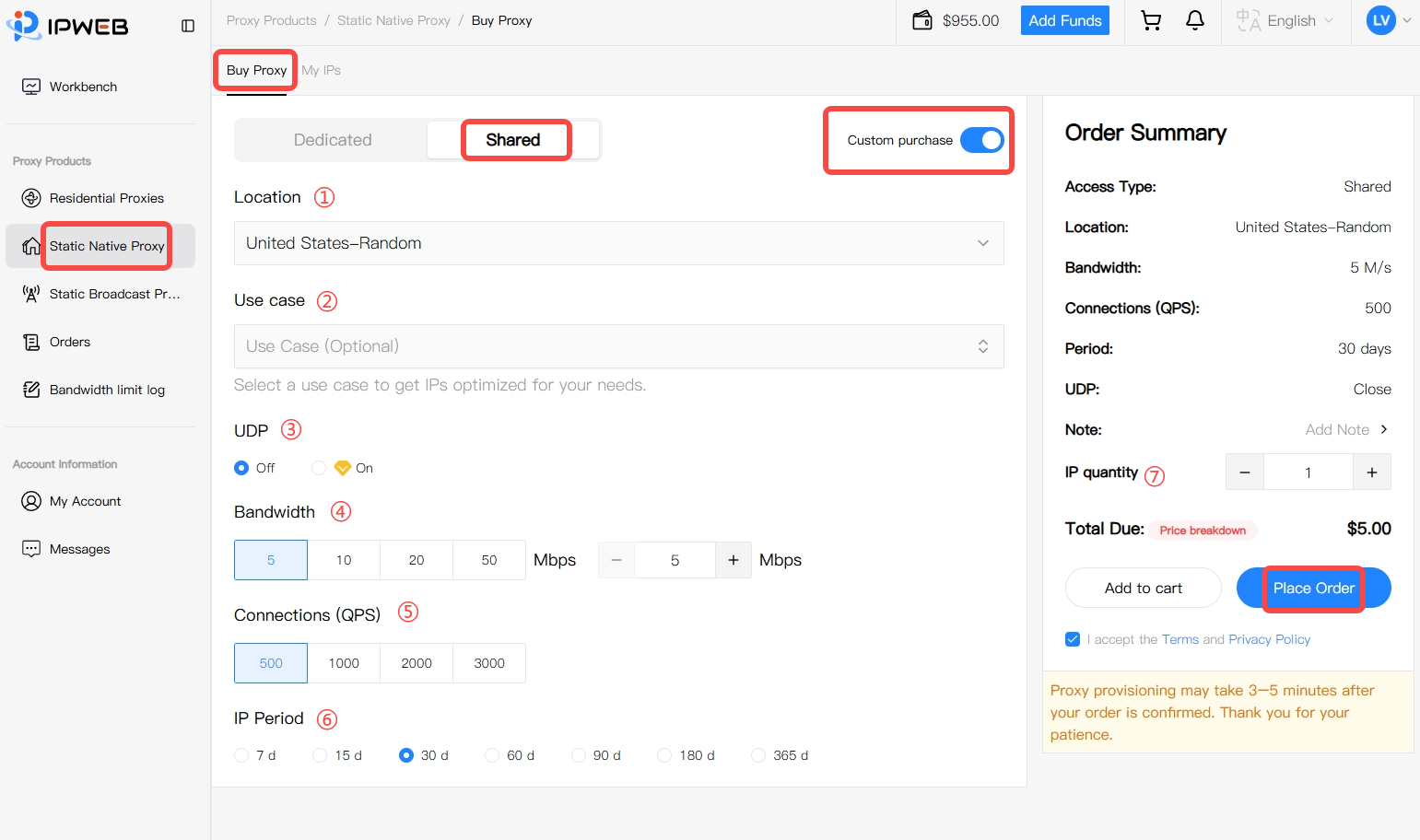 IPWeb Static Native Proxy Buy Proxy page with Shared selected and Custom purchase enabled, showing Location, Use case, UDP, Bandwidth, Connections (QPS), IP Period, IP quantity, and Place Order.