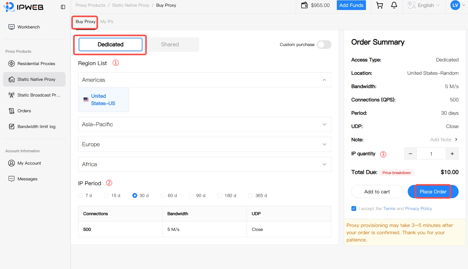 IPWeb Static Native Proxy Buy Proxy page with Dedicated selected and Custom purchase disabled, showing Region List, IP Period, preset Connections, Bandwidth, UDP, IP quantity, and Place Order.
