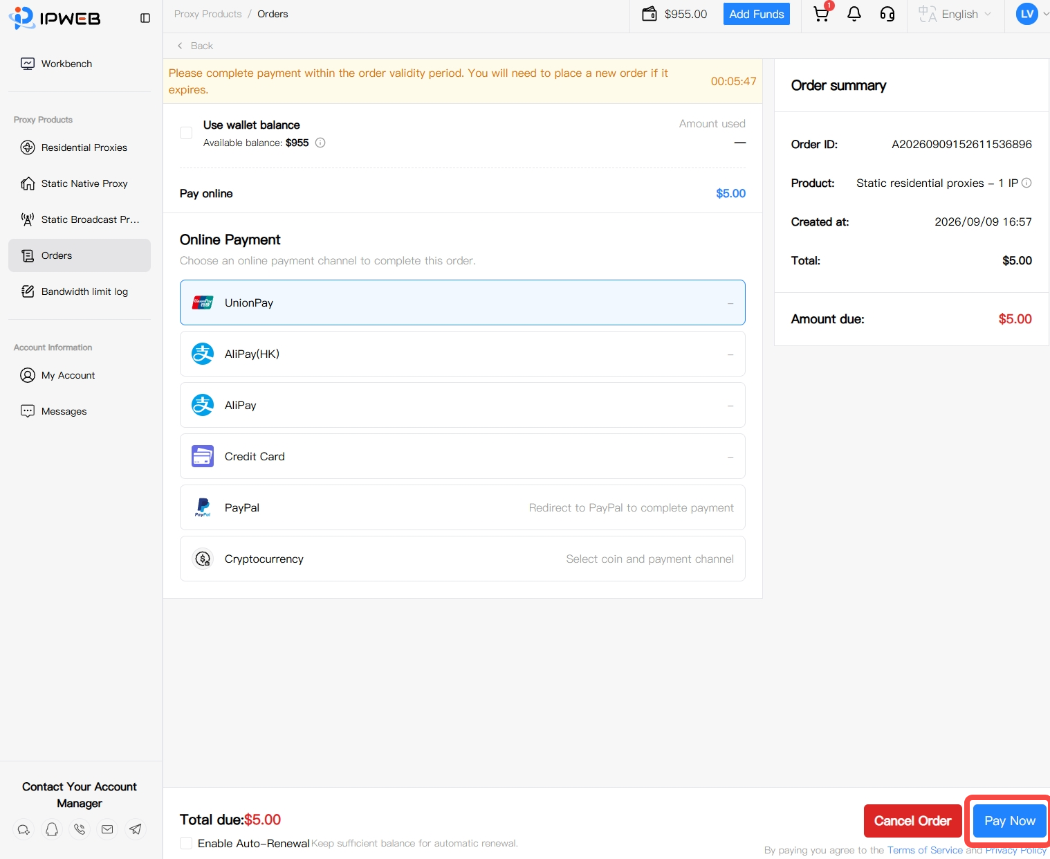 IPWeb order payment page for a Static Native Proxy, showing wallet balance, UnionPay, AliPay (HK), AliPay, Credit Card, PayPal, Cryptocurrency, the order summary, total due, and Pay Now.