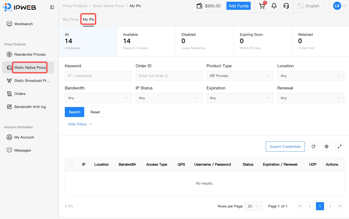 IPWeb My IPs page for Static Native Proxy resources, showing IP status summaries, search filters, Export Credentials, and the proxy list columns for IP, Location, Bandwidth, Access Type, QPS, Username / Password, Status, Expiration / Renewal, UDP, and Actions.