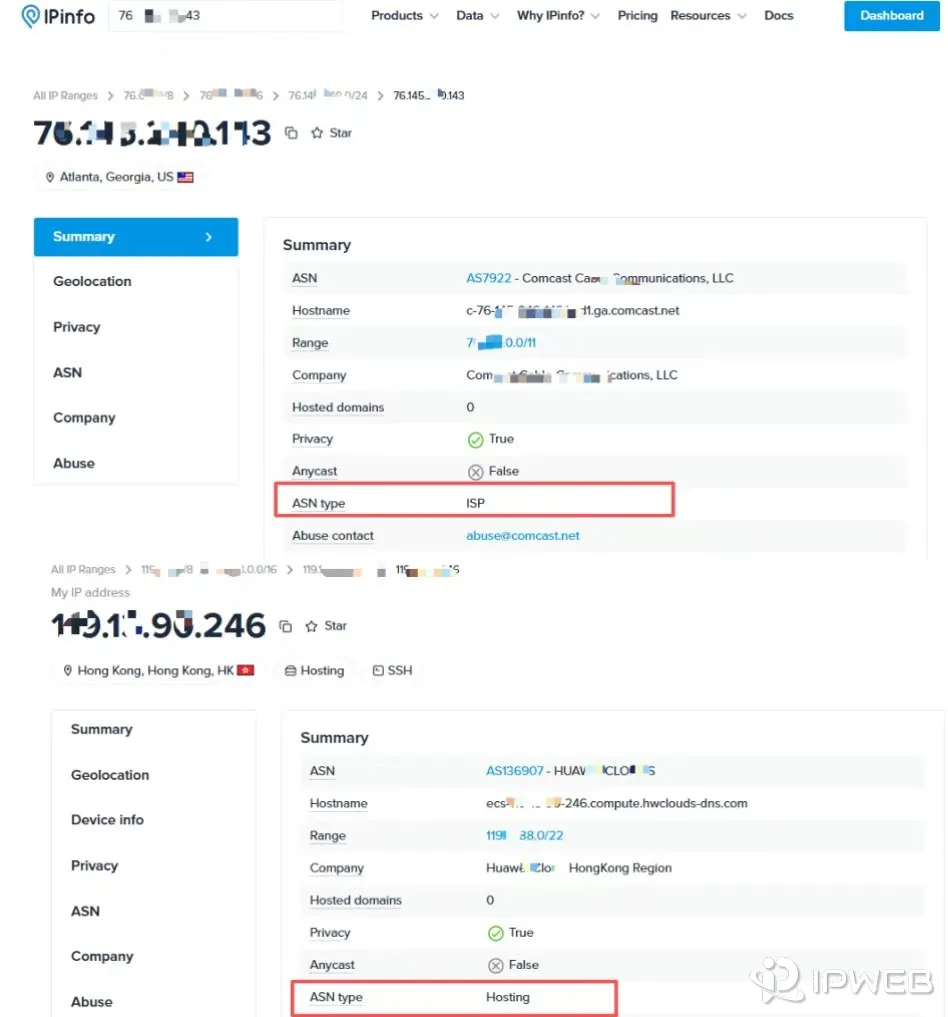对比示意图：数据中心 IP（机房服务器）与住宅 IP（家庭网络）的属性差异