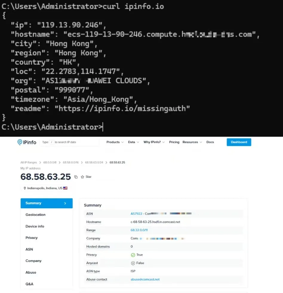 代理软件开启后浏览器查询显示海外IP而本地CMD依然显示内网IP的对比示意图
