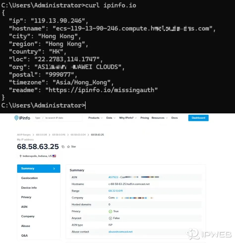代理软件开启后浏览器查询显示海外IP而本地CMD依然显示内网IP的对比示意图