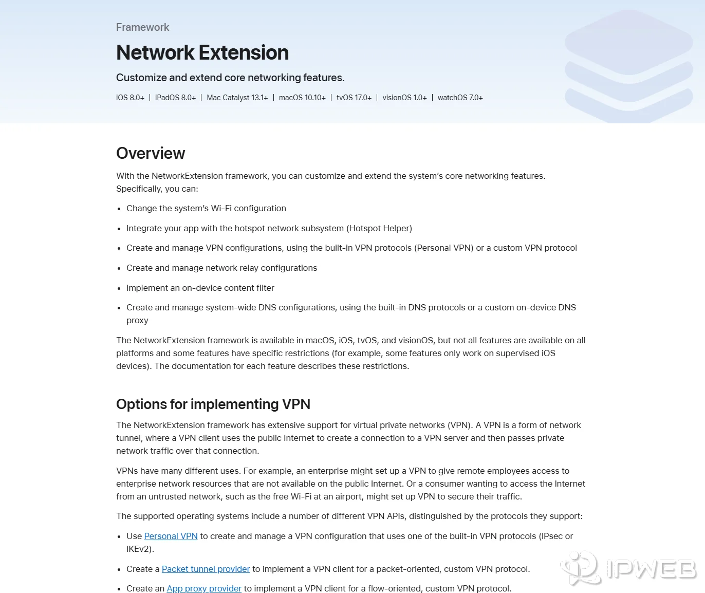 iOS Network Extension 架构示意，应用通过系统授权参与网络路径决策