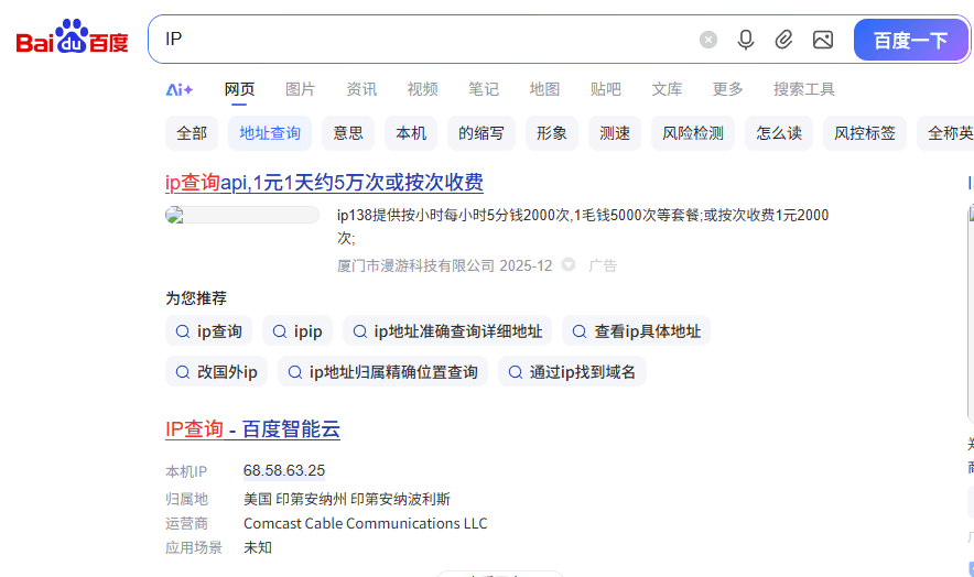 百度搜索查询显示公网IP地址、ISP运营商及地理位置信息界面截图