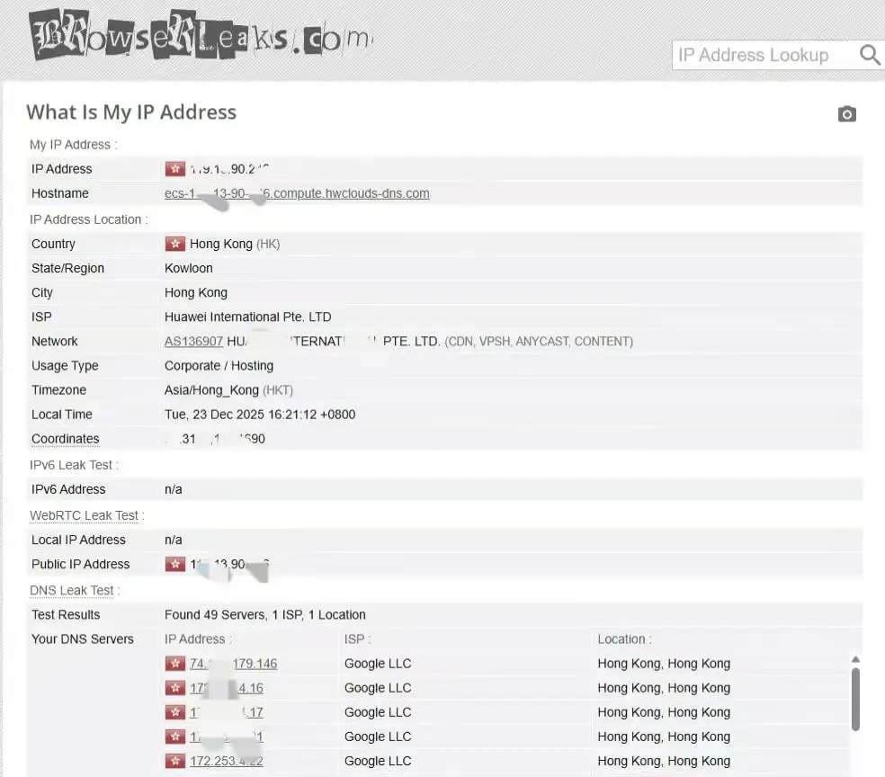 BrowserLeaks 深度指纹检测报告，展示 WebRTC 泄露检测与 Canvas 指纹信息