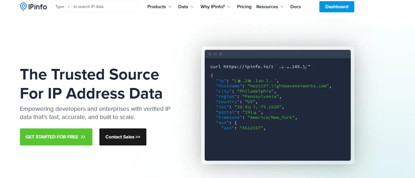 ipinfo.io JSON 数据格式返回示例，包含 IP 类型、ASN 和坐标信息