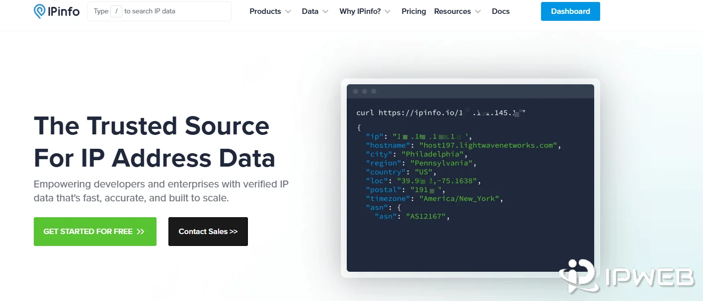 ipinfo.io JSON 数据格式返回示例，包含 IP 类型、ASN 和坐标信息
