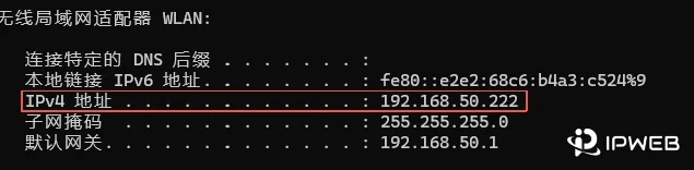 Windows系统命令提示符运行ipconfig指令后显示的IPv4本地局域网地址截图