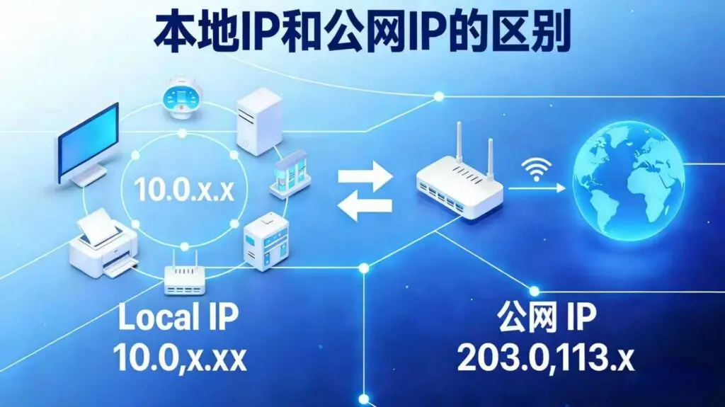 本地IP与公网IP的区别对比图：内网地址与互联网公网IP的网络架构说明
