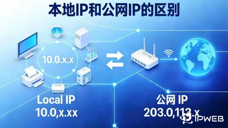 本地IP与公网IP的区别对比图：内网地址与互联网公网IP的网络架构说明