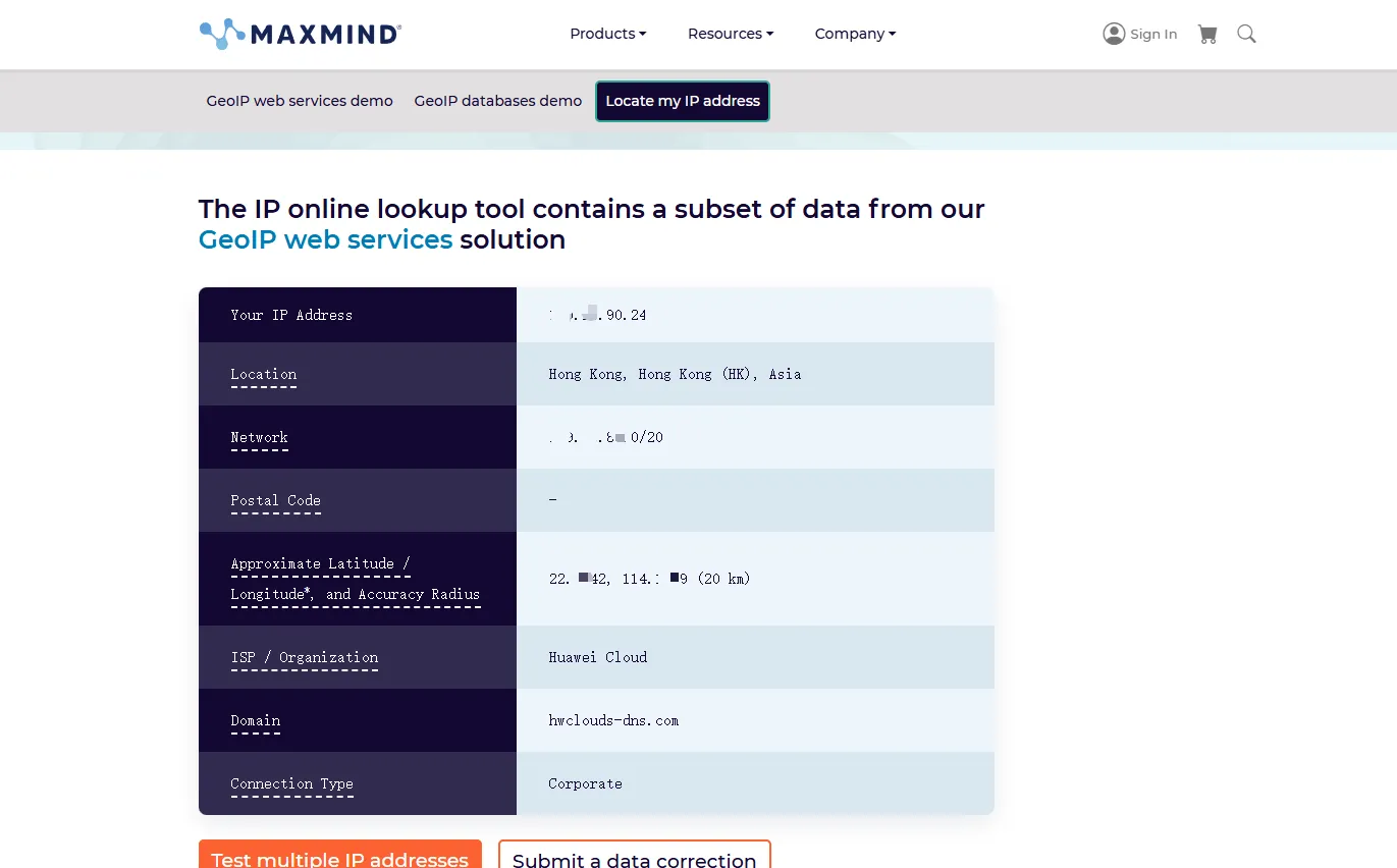 MaxMind GeoIP2 官方 Demo 查询页面，显示企业级数据库中的 IP 风险记录