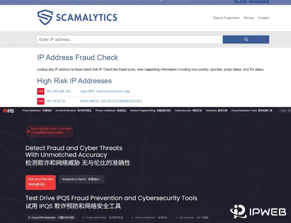 Scamalytics和IPQS欺诈检测工具的界面比较