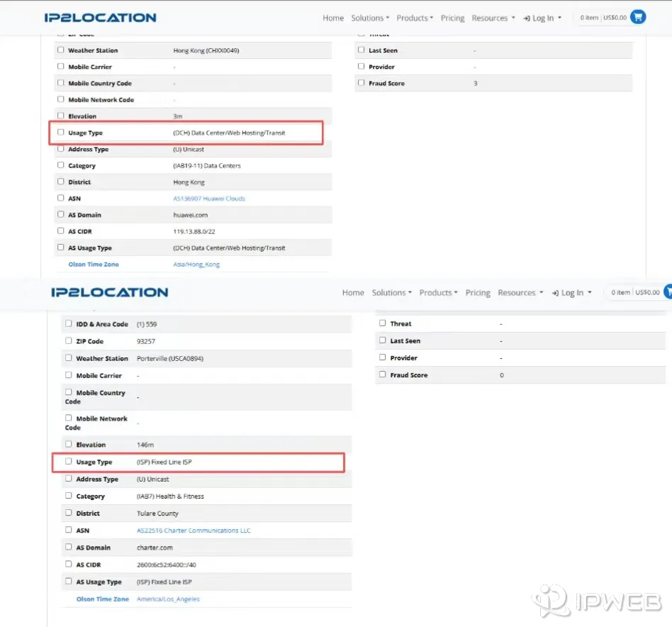 IP 查询工具中 Usage Type 显示 ISP 与 DCH 的对比结果