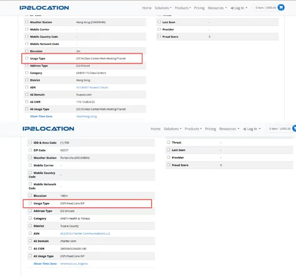 IP 查询工具中 Usage Type 显示 ISP 与 DCH 的对比结果