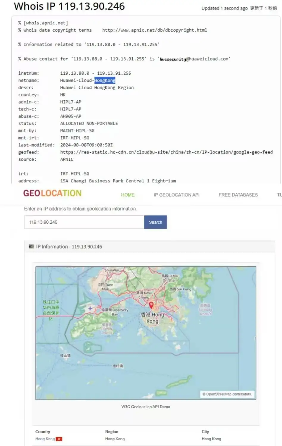 IP Whois 注册国家与 Geo 物理定位一致性检查示意图